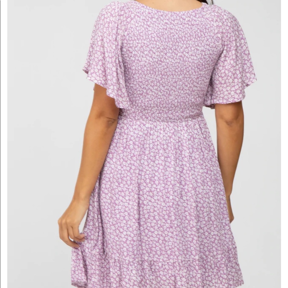 Lavender Floral Print Smocked V-neck Maternity Dress